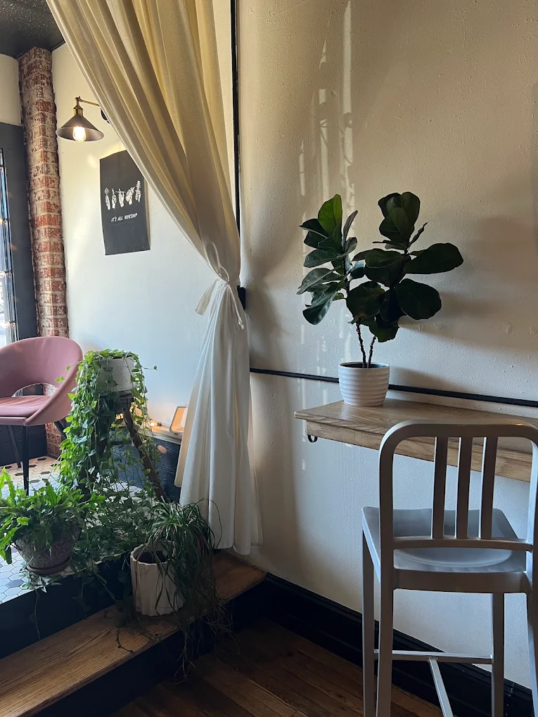 A cream curtain tied back beside a wood window bar with a fiddle-leaf fig and a metal stool.