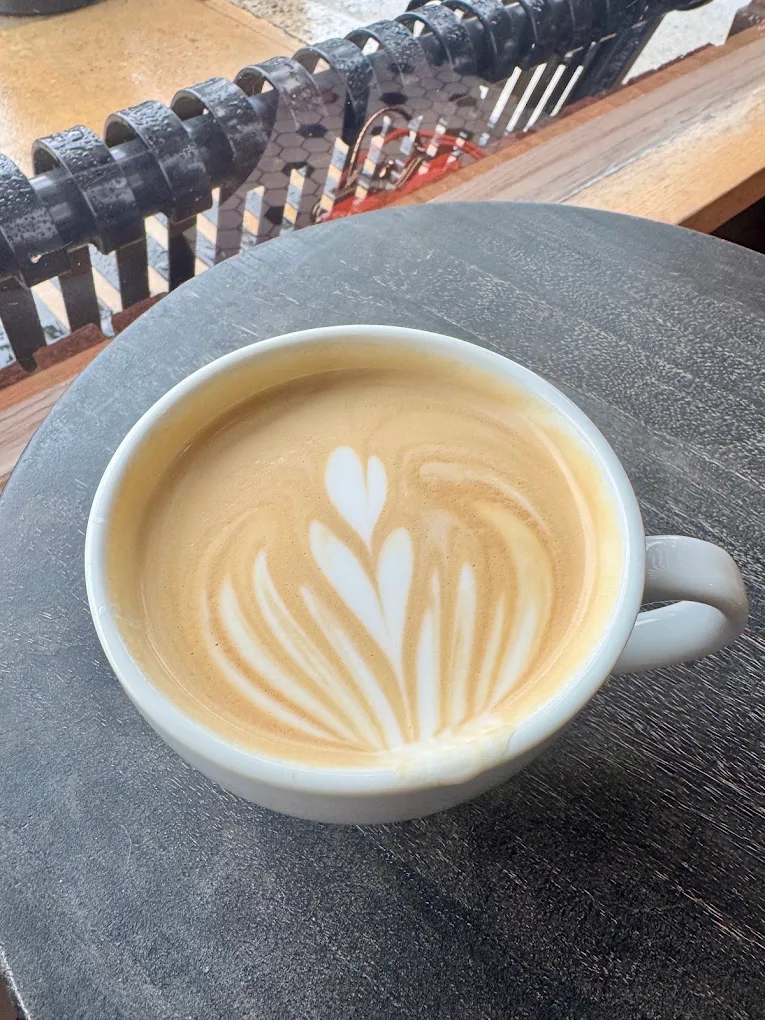 A latte with rosetta latte art on a dark wood table by the front window.